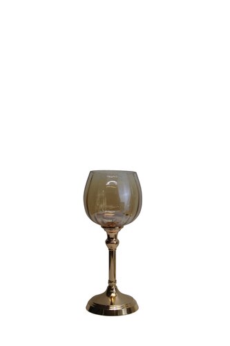 Waxinelichthouder op voet glas/metaal D 13 H 30 cm amber/goud