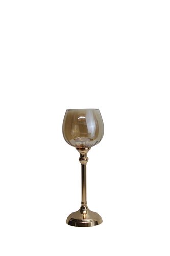 Waxinelichthouder op voet glas/metaal D 13 x H 35 cm amber/goud
