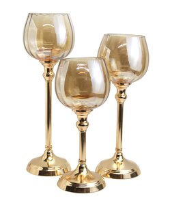 Waxinelichthouder op voet glas/metaal D 13 x H 40 cm amber/goud - afbeelding 2
