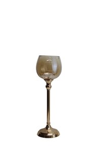 Waxinelichthouder op voet glas/metaal D 13 x H 40 cm amber/goud - afbeelding 1