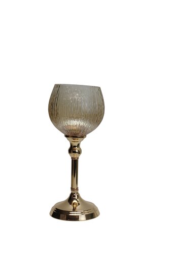 Waxinelichthouder op voet glas/metaal D13 x H 30 cm amber/goud
