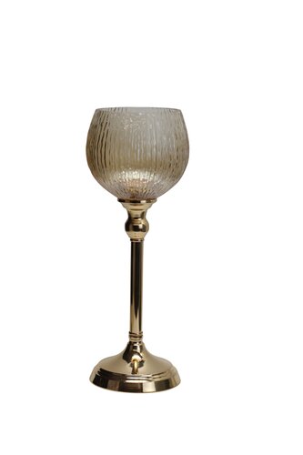 Waxinelichthouder op voet glas/metaal D13 x H 35 cm amber/goud